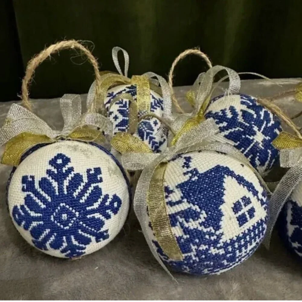 Set of 6 Handcrafted Embroidered Christmas Ornaments–Blue and White Nordic Style - Picture 11 of 13